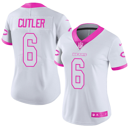 Women's Limited Jay Cutler Nike Jersey White/Pink - #6 Rush Fashion NFL Chicago Bears